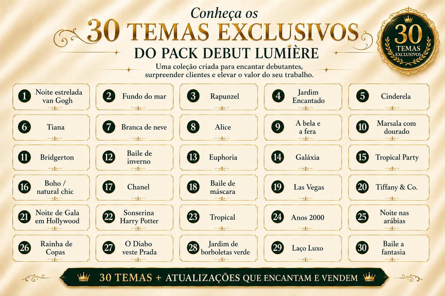 Lista com os 30 temas exclusivos do Pack Debut Lumière